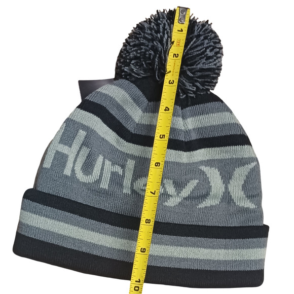 Hurley Ragland Black Gray Pom Beanie Knit Winter Hat Cuffed Acrylic One Size New - Picture 13 of 14
